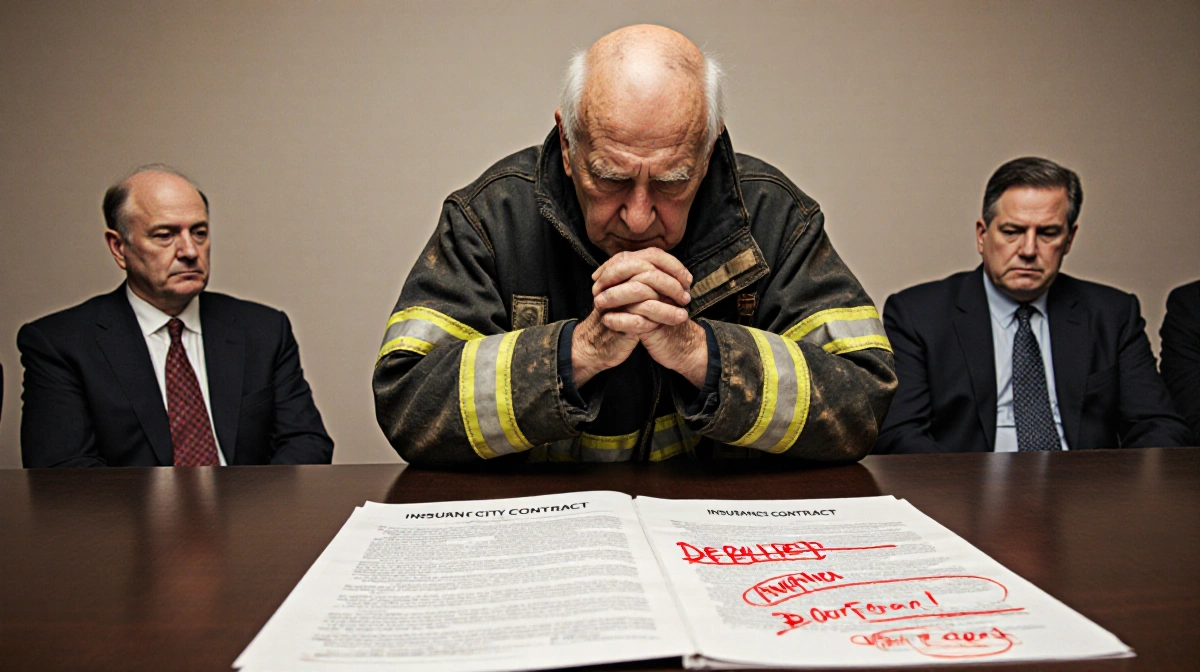 Elderly firefighter pleads with officials over denied insurance contract with red denial marks and faceless board members