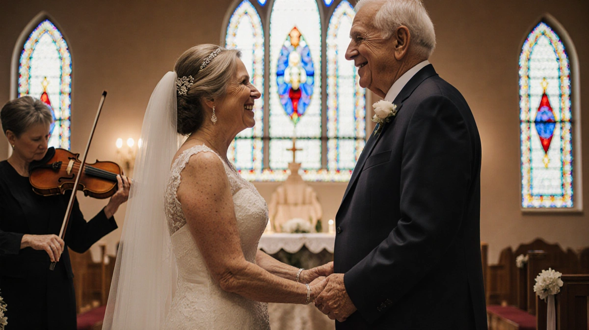 Elderly groom standing proudly at altar with bride holding his hand under warm stained glass light