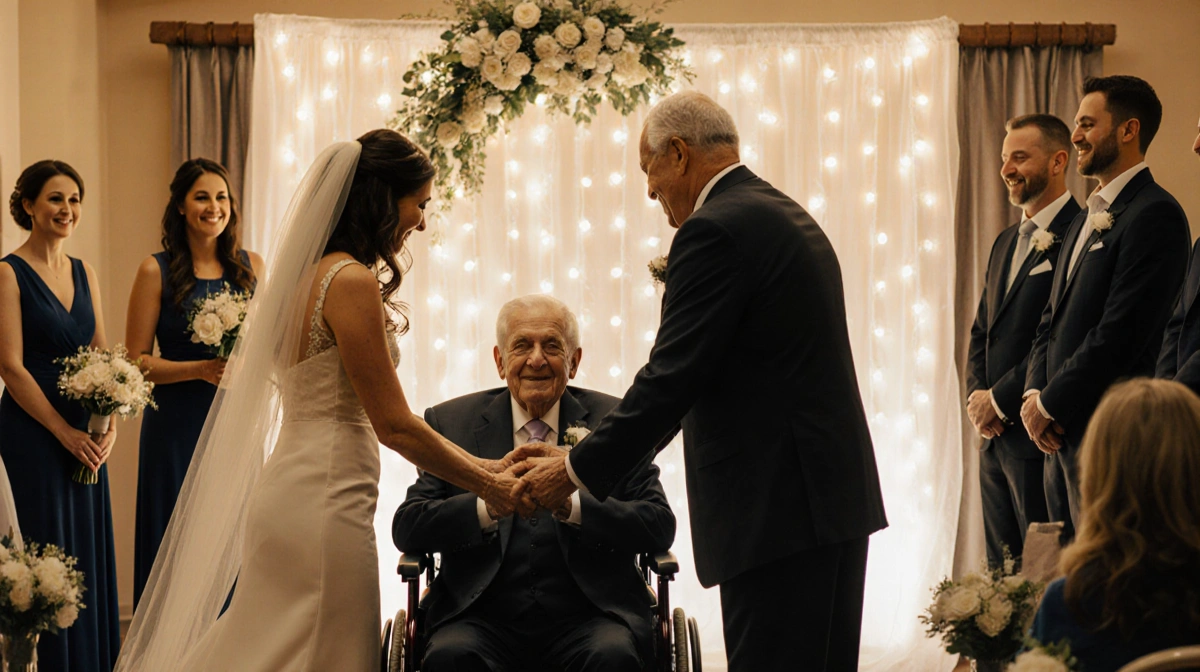 Elderly groom in wheelchair moving to front with caregiver and Feldman near backdrop of floral arrangements and warm glow