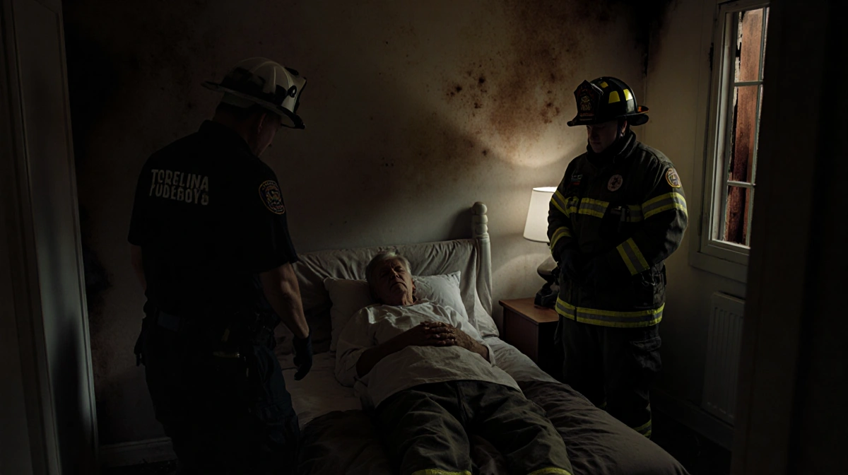 Person lying on floor with emergency responders nearby and soot-stained walls indicating fire damage