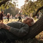 Elderly man lying beneath fallen tree at cricket match with weathered hands reaching out and concerned spectators rushing tow