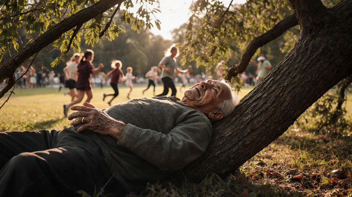 Elderly man lying beneath fallen tree at cricket match with weathered hands reaching out and concerned spectators rushing tow