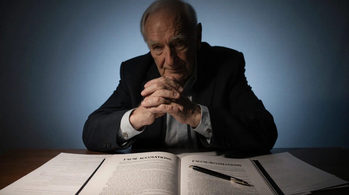 Elderly man sits at desk with hands clasped and open document titled False Accusations showing his commitment to truth