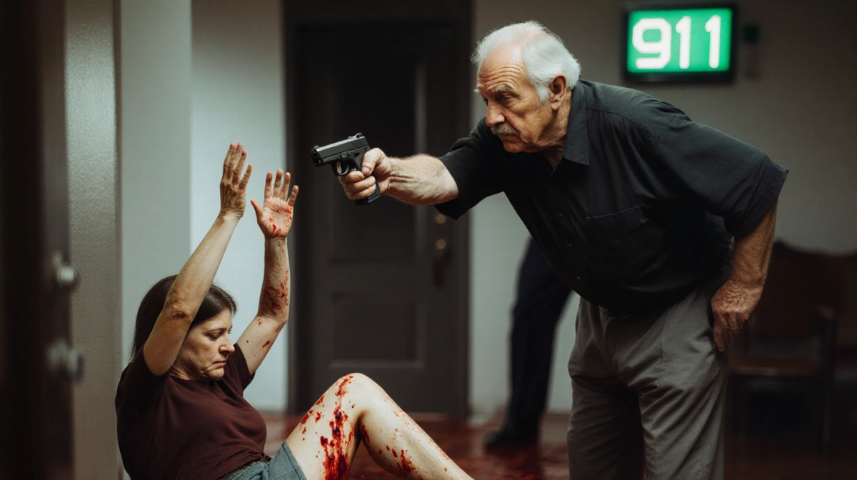 Elderly man aiming gun at injured woman with blood on floor and blurred 911 display behind