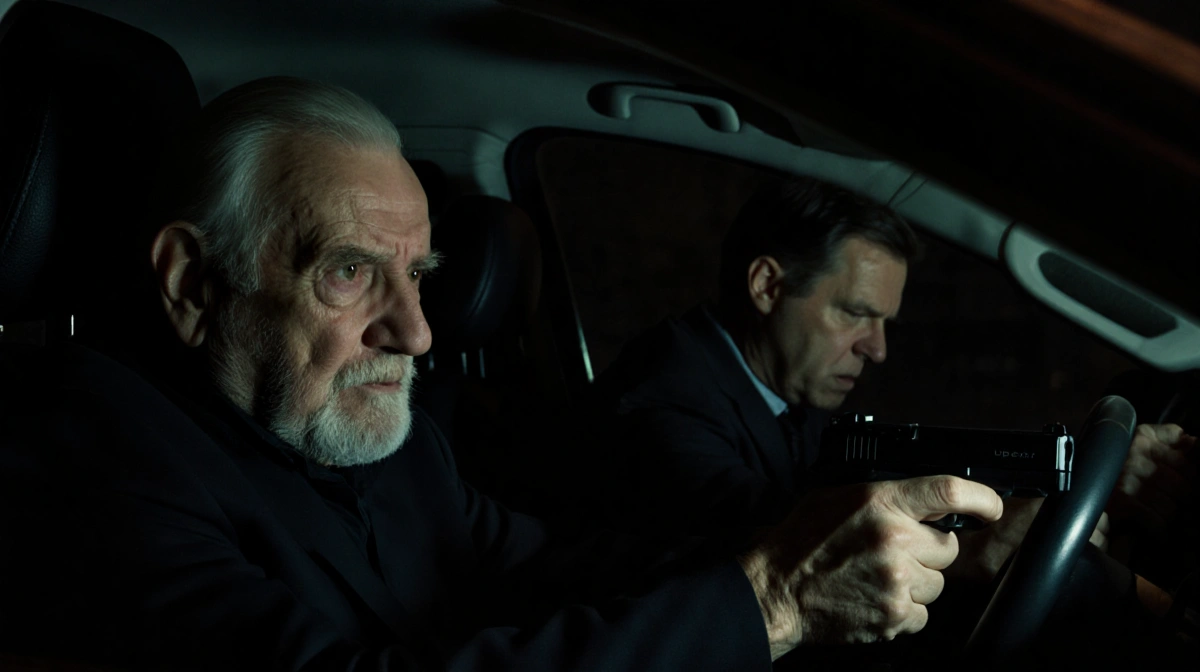 Elderly man pointing gun at cowering Uber driver with stark dashboard lighting creating menacing shadows