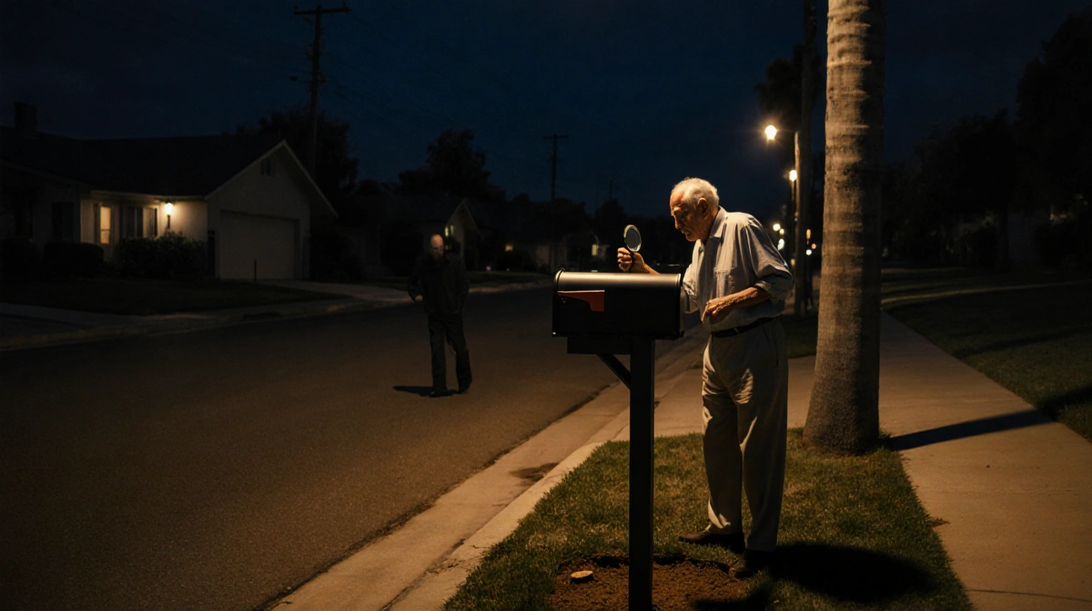 Elderly man examines dirt with magnifying glass under streetlight with shadowy figure lurking nearby