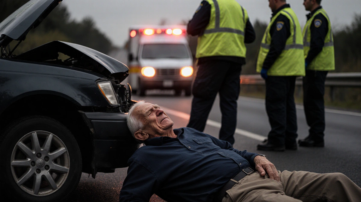 Elderly man lying against broken-down car with emergency responders providing roadside assistance and ambulance lights flashi