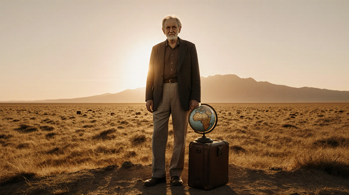 Elderly man stands at savannah edge with worn leather shoes and vintage globe showing faded world map