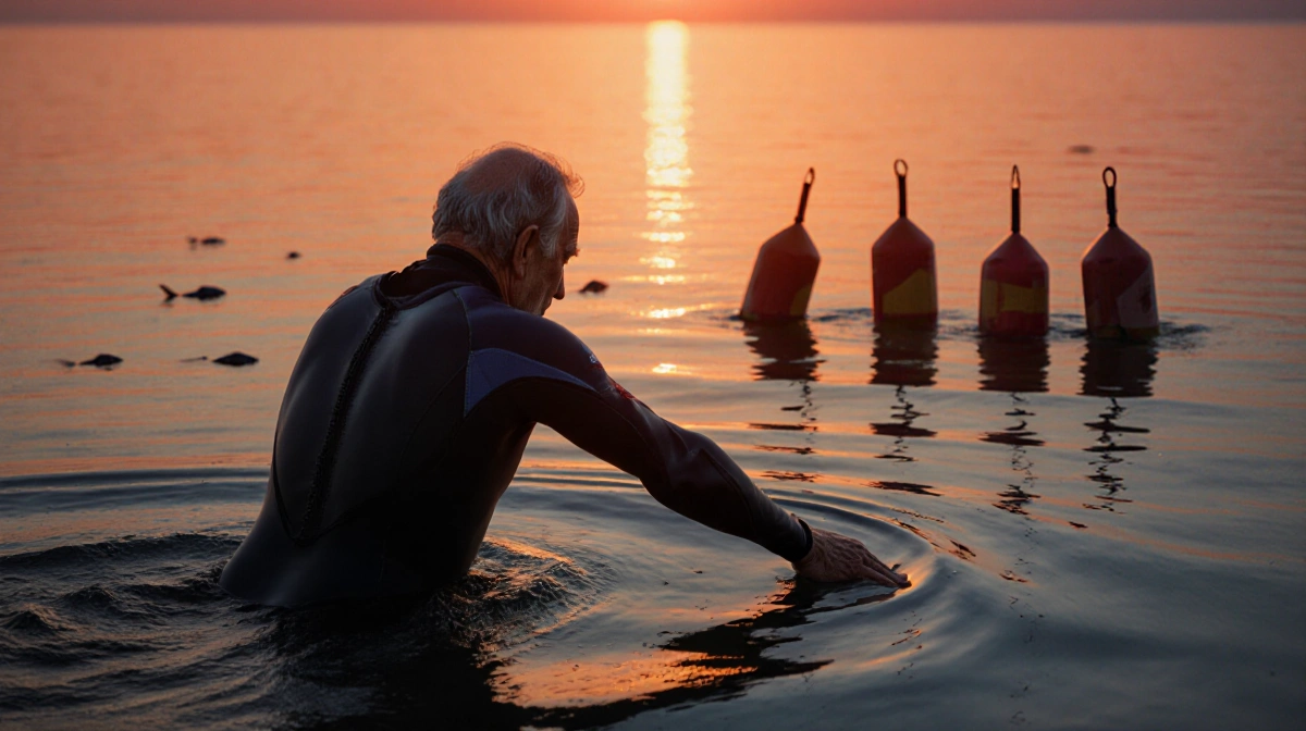 Elderly swimmer treads water with buoys while sunset glows over calm ocean