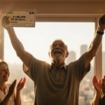 Elderly man celebrating lottery win with raised arms holding million dollar check and giant scratch-off ticket with family ch