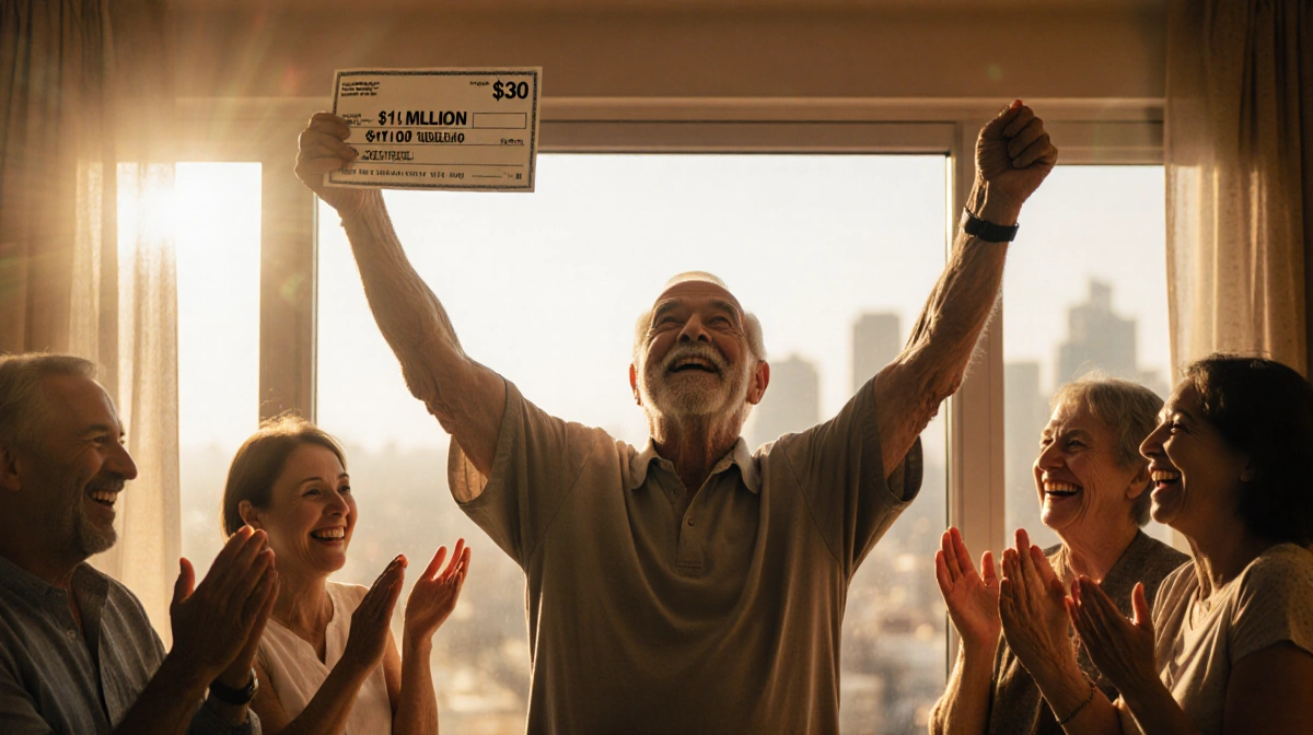 Elderly man celebrating lottery win with raised arms holding million dollar check and giant scratch-off ticket with family ch