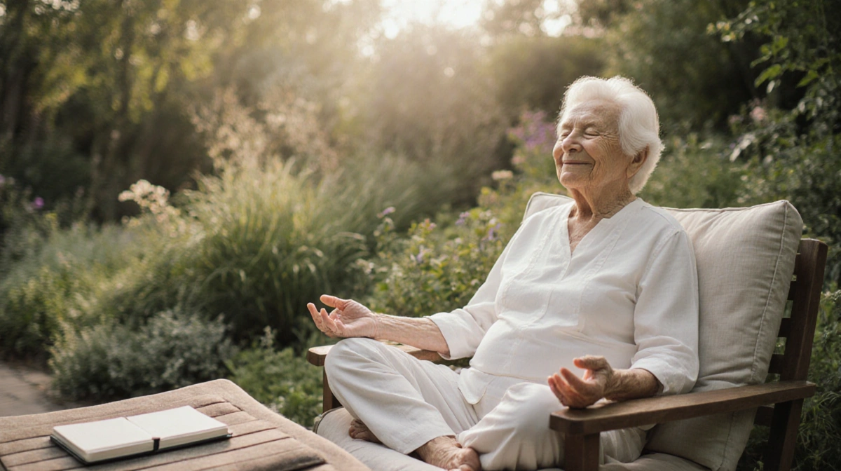 Elderly person meditating with closed eyes and gentle smile while holding mindfulness journal with garden greenery behind