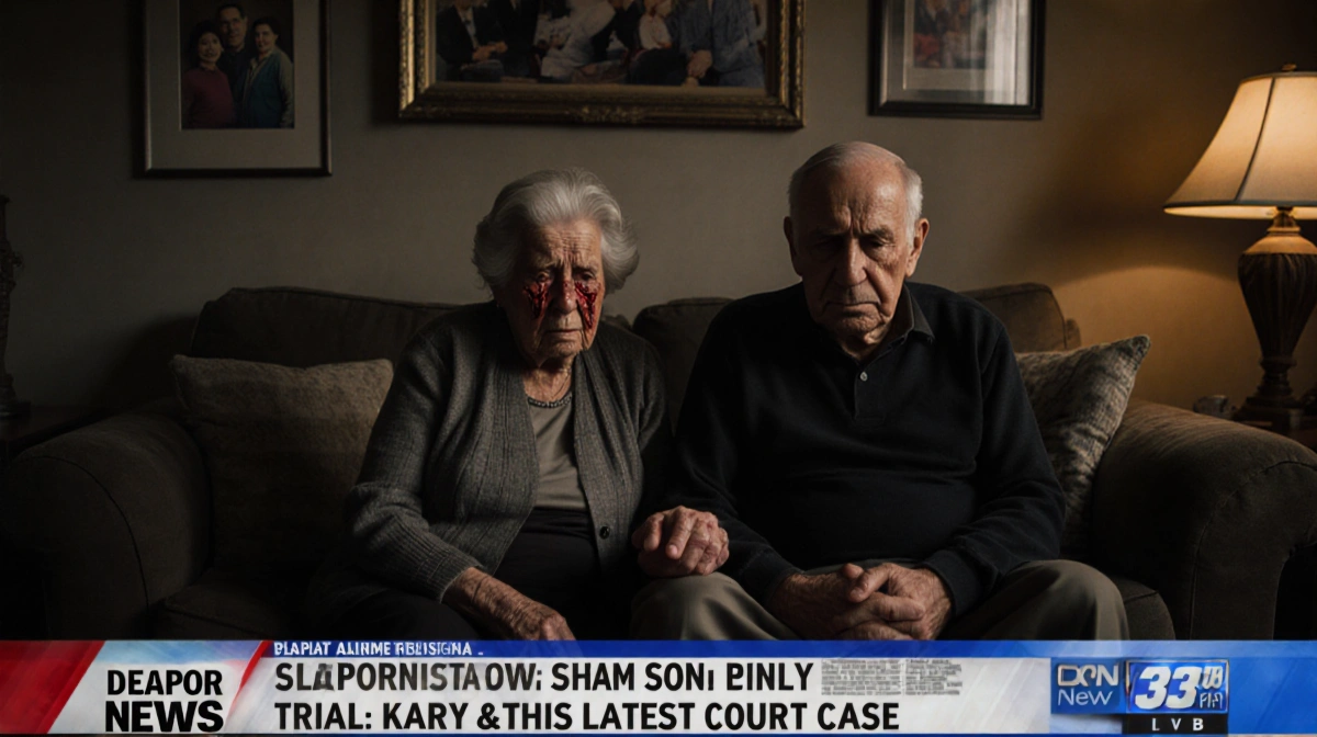 Elderly parents holding hands with tearful faces and newspaper headline about trial visible behind them