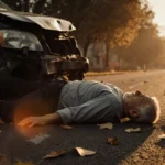 Elderly man lies on dawn road with shattered car parts and golden light showing tragedy