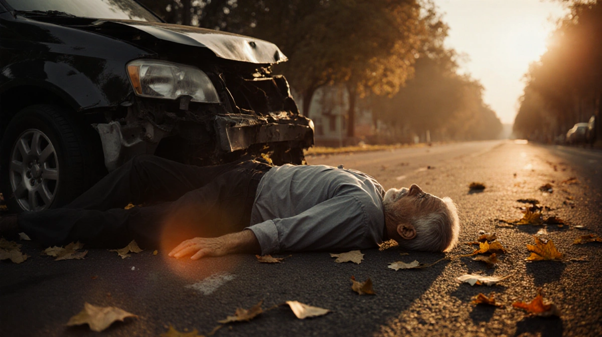 Elderly man lies on dawn road with shattered car parts and golden light showing tragedy