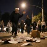 Elderly person walking down East Verdugo Avenue with streetlight behind them and suspect in black hoodie nearby