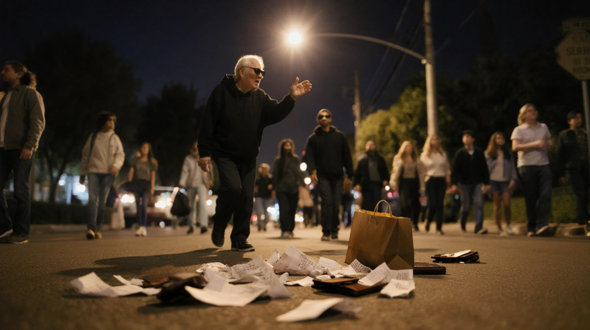 Elderly person walking down East Verdugo Avenue with streetlight behind them and suspect in black hoodie nearby