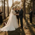 Elderly couple exchanging vows with clasped hands at outdoor wedding ceremony with vintage ice skates on ground