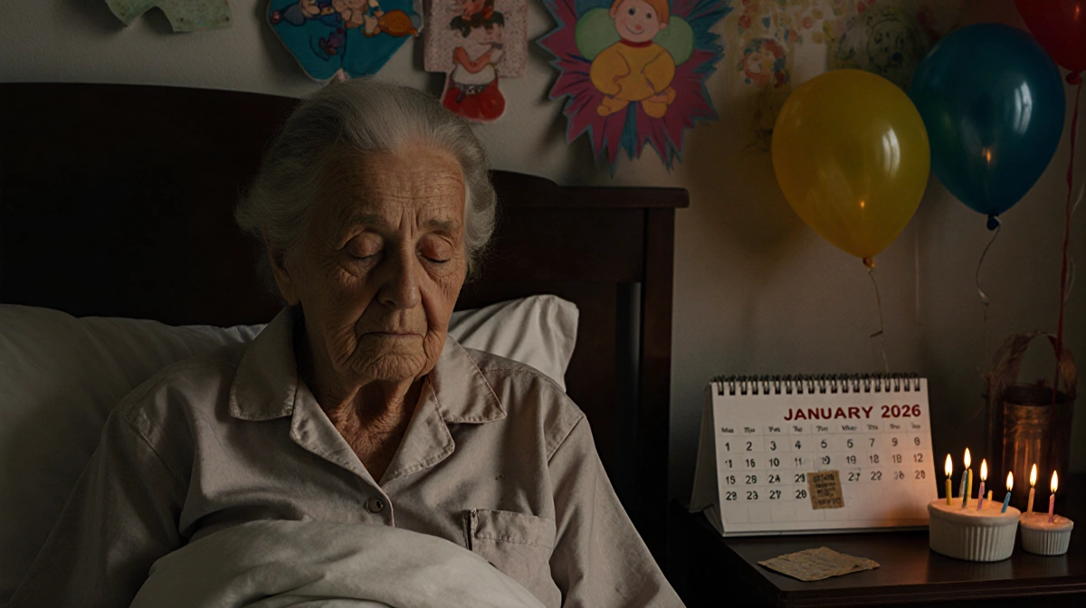 Elderly woman sits in bed with birthday balloons and candles showing January 2026 calendar
