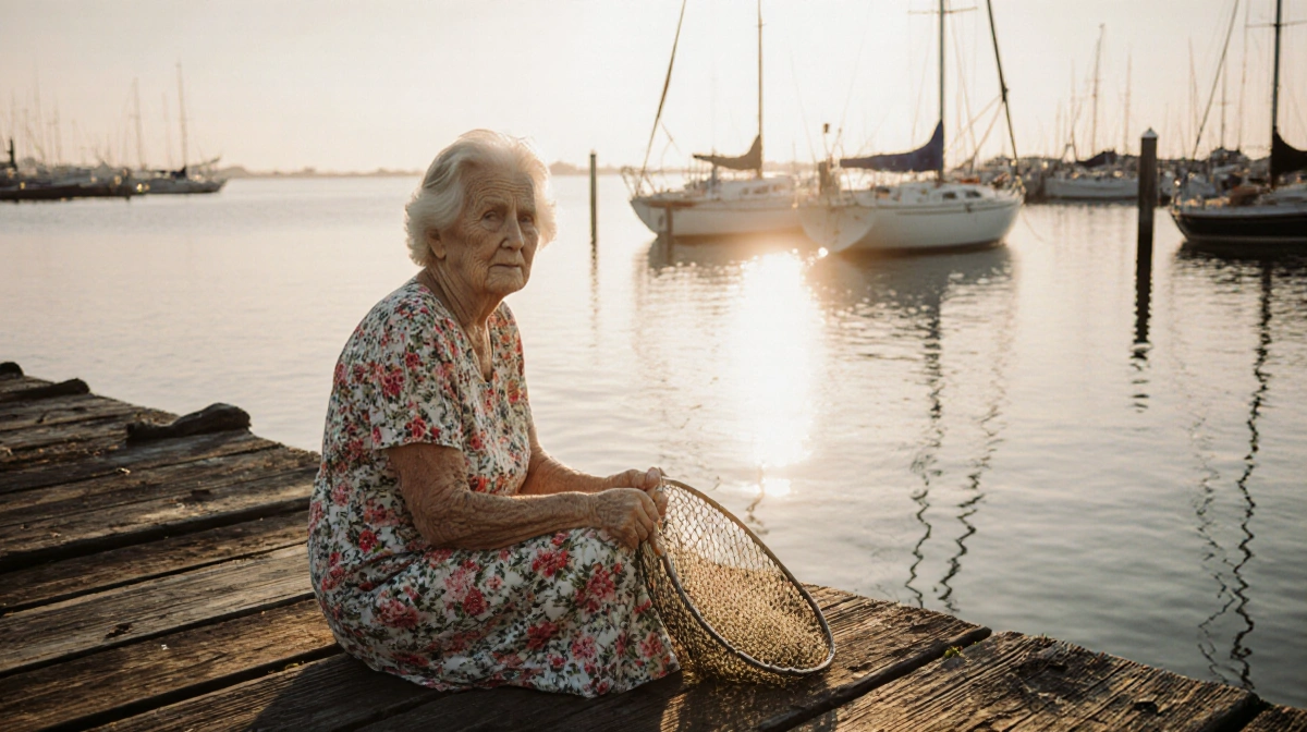Elderly woman sits on weathered dock with fishing net and sailboats showing peaceful ocean sunset scene