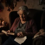 Elderly woman cradles photo album with handwritten note and candle showing grief over lost pet