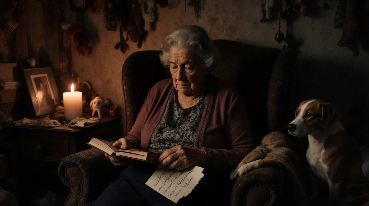 Elderly woman cradles photo album with handwritten note and candle showing grief over lost pet