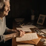 Elderly woman reading old letter at desk with faded photos and leather envelope showing handwritten note