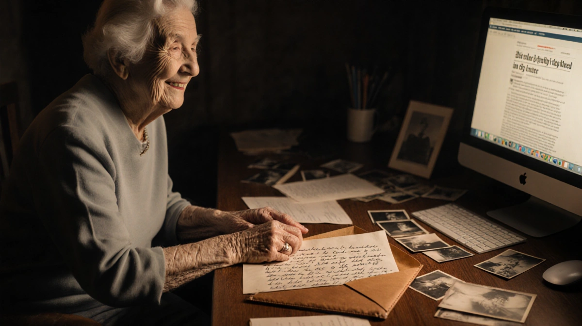 Elderly woman reading old letter at desk with faded photos and leather envelope showing handwritten note