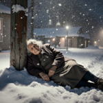 Elderly woman curled against a weathered power pole with soft streetlight glow and snow-covered winter landscape