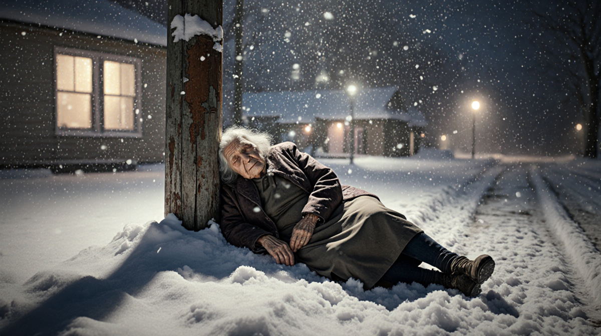 Elderly woman curled against a weathered power pole with soft streetlight glow and snow-covered winter landscape