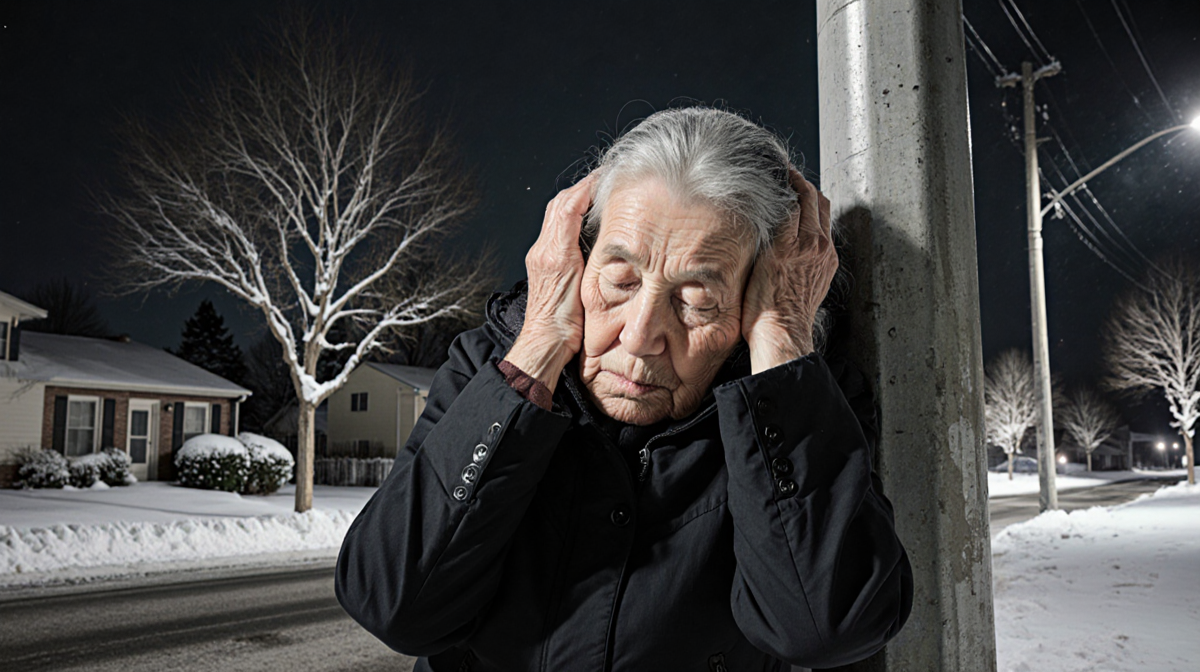 Elderly woman curling up with hands on head near a utility pole on snowy suburban street