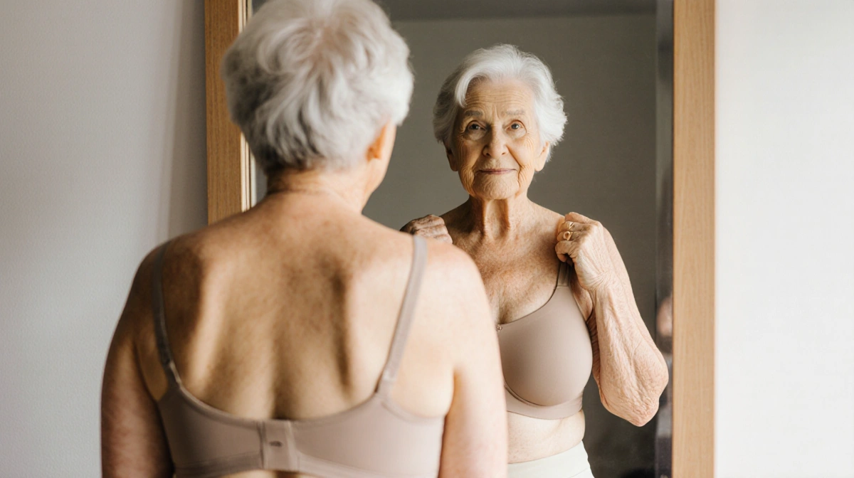 Elderly woman adjusting wireless bra straps while checking her reflection in mirror with natural light illuminating her hair