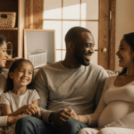 Eldridge Toney sits on couch with pregnant fiancée Jessie and stepdaughters holding hands near a softly lit nursery