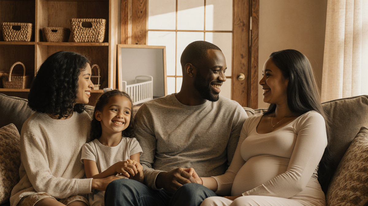 Eldridge Toney sits on couch with pregnant fiancée Jessie and stepdaughters holding hands near a softly lit nursery