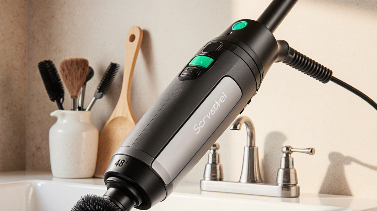 Electric scrubber adjustable handle extending fully with angled reach for tall surfaces and blurred cleaning tools