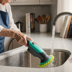 Senior woman scrubbing a kitchen sink with an electric spin scrubber and light highlighting a clean surface.