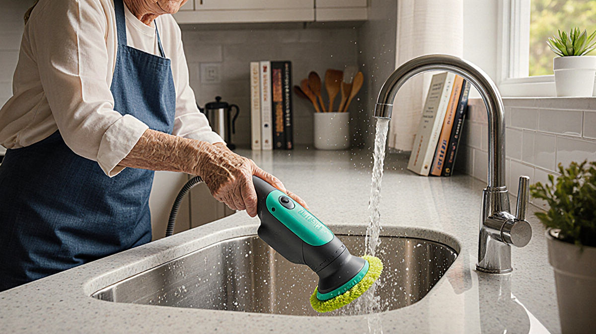 Senior woman scrubbing a kitchen sink with an electric spin scrubber and light highlighting a clean surface.