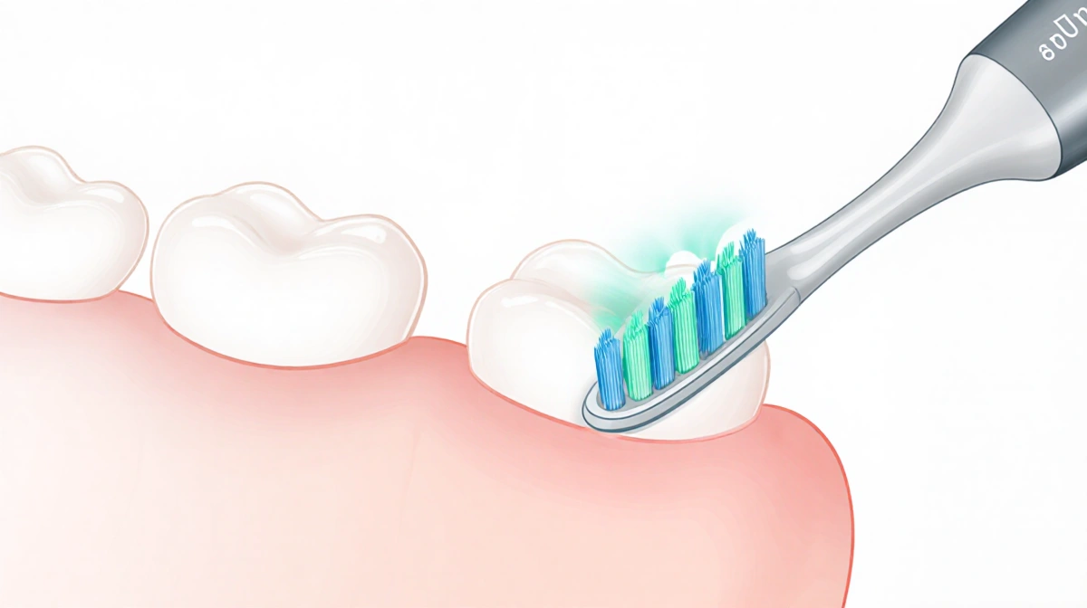 Electric toothbrush cleaning teeth at 45 degree angle with bristles touching gum line