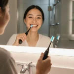 Person brushing teeth with electric toothbrush at bathroom mirror with soft lighting and organized shower visible behind