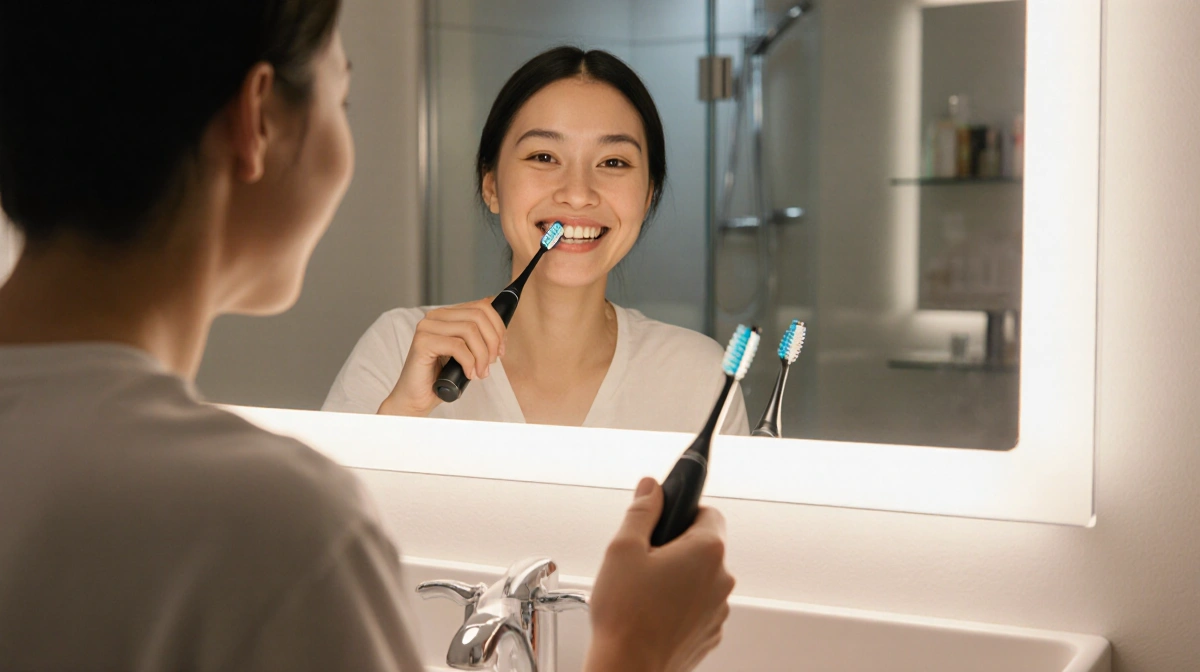 Person brushing teeth with electric toothbrush at bathroom mirror with soft lighting and organized shower visible behind
