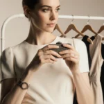 Woman modeling designer handbag with quince dresses on rack behind her and elegant wrist accessory