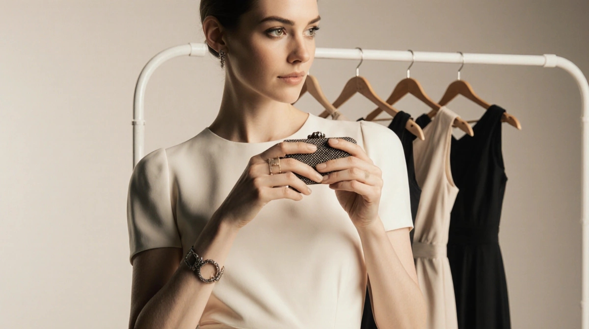 Woman modeling designer handbag with quince dresses on rack behind her and elegant wrist accessory