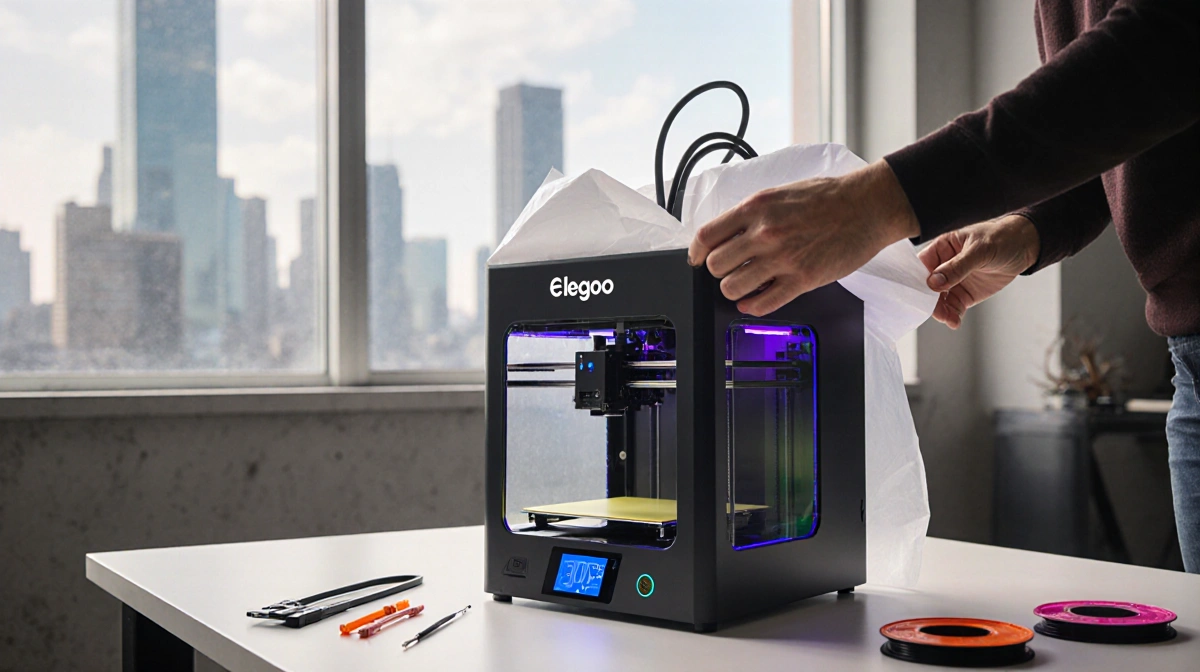 Person unboxing compact Elegoo 3D printer with hands revealing sleek design and colorful accents at desk