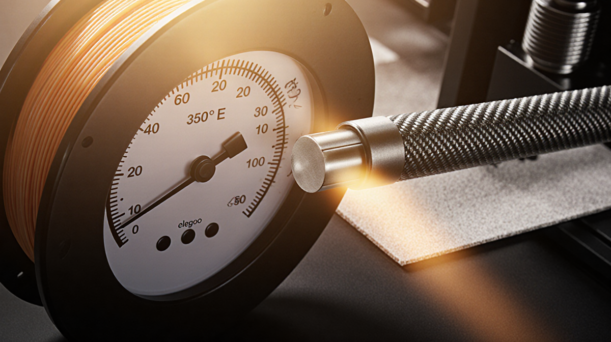 Hardened steel 3D printer nozzle glows with warm golden light and 350°C temperature gauge in background.