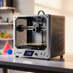 3D printer shows colorful filaments and prints on modern workbench with warm lighting