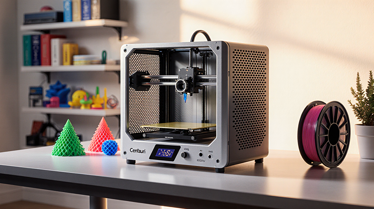 3D printer shows colorful filaments and prints on modern workbench with warm lighting