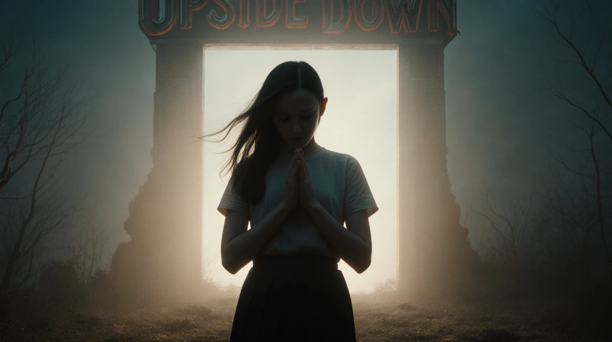 Eleven standing alone with hands clasped and faint portal glow behind her in the Upside Down landscape
