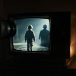 Eleven walks away on grainy CRT screen with Upside Down shadow looming behind and candlelit room showing Stranger Things myst