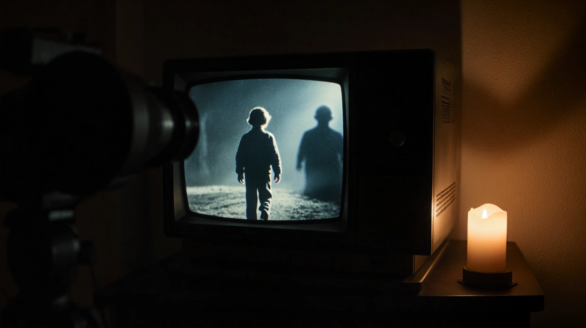 Eleven walks away on grainy CRT screen with Upside Down shadow looming behind and candlelit room showing Stranger Things myst