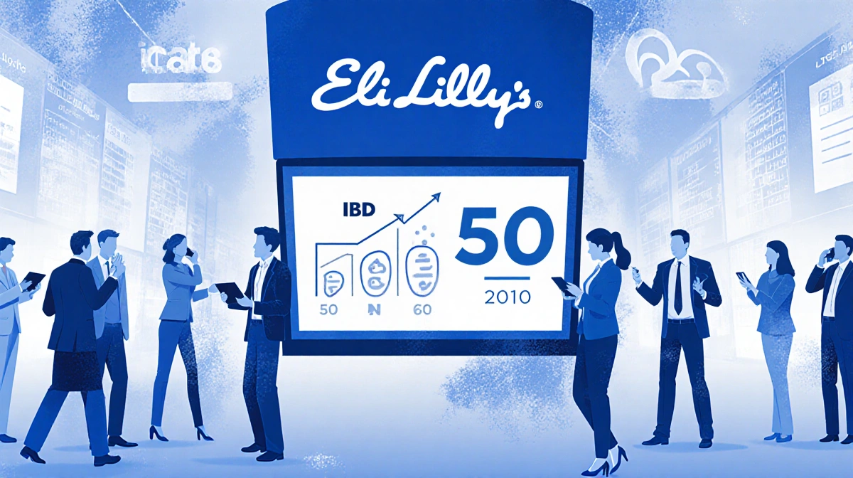 Traders gather around screen showing Eli Lilly logo with IBD 50 ranking and phones while analysts discuss market data